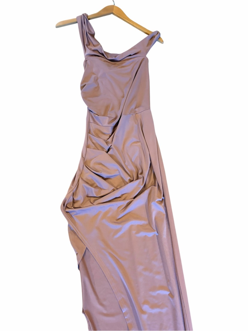 BALTIC BORN Mauve Satin Cowl Drape Neck High Slit Maxi Dress Gown - Picture 3 of 5